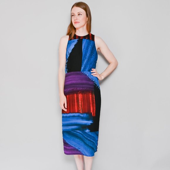 RACHEL COMEY Blue & Red Printed Midi Dress Sz 6 - Picture 7 of 7